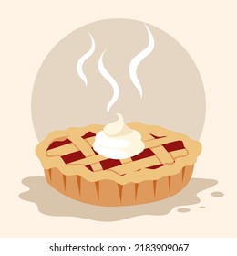 Pie Set Vector Illustration. Thanksgiving And Holiday Cherry Pie. Happy Thanksgiving Day Traditional Fruit Pie With Whipped Cream On The Top. Autumn November. Isolated On Background