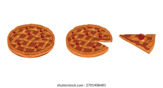 Pie set, whole pie, sliced pie, slices. Hand drawn vector illustration
