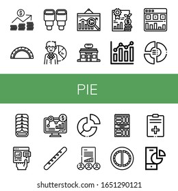 pie simple icons set. Contains such icons as Graph, Cheburek, Pastry, Pie chart, Analytics, Bakery, Combination chart, Cake, Report, Baguette, can be used for web, mobile and logo