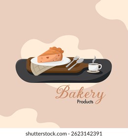 Pie slice and coffee plate. Vector illustration