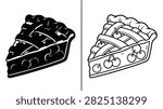 Pie Slice Dessert Illustration with Cherry Filling and Lattice Top, Presented in Two Minimalist Styles.