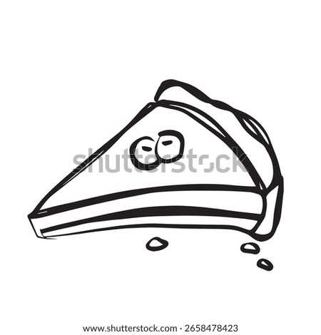 pie slice doodle with crumbs on the edge. delicious blueberry pie hand drawn doodle. cute and simple pie doodle. black and white doodle