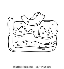 Pie slice doodle illustration. Hand drawn outline pumpkin pie. Isolated editable stroke element