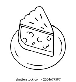 Pie slice doodle isolated on white background. Hand drawn charlotte. Vector illustration. Tart ink sketch. Simple childish outline style. Food dessert baking icon for menu, packaging, graphic design