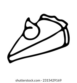Pie Slice. Hand drawn black sweet doodle isolated on white background. Vector Illustration. EPS10