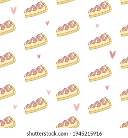 Pie slice. Piece of cake. Seamless vector pattern (background). Cartoon print. 