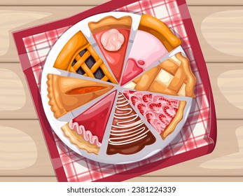 Pie slices on plate, top view vector illustration. Cartoon tray on wooden kitchen table with textile napkin and different pieces of fruit homemade sweet pies for dessert, candy dish set for eating