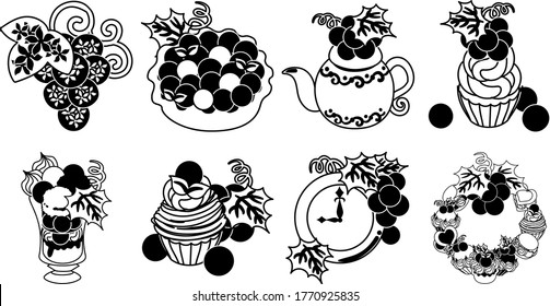 The pie and tart and cupcake and parfait and Mont Blanc and teapot and clock and art object and wreath of grapes