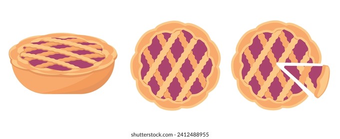 Pie top view. Cooked tasty round food pastry pie desserts exact vector, cherry pie.