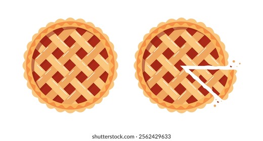 Pie top view, whole and cut. Cooked delicious round cakes desserts, food illustration