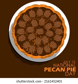 Pie topped with pecan nuts served on a white plate on a brown background, National Pecan Pie Day July 12