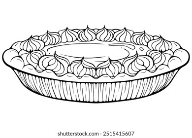 Pie with whipped cream or meringue on top. Traditional sweet pumpkin or apple pie. Vector illustration in hand drawn sketch style. Line art isolated on white for coloring book, print