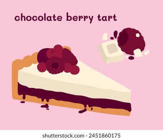 Pie with white chocolate and jam. Berry tart. Slice of cake. Vector Icon illustration of pie. Dessert vector isolated food illustration.