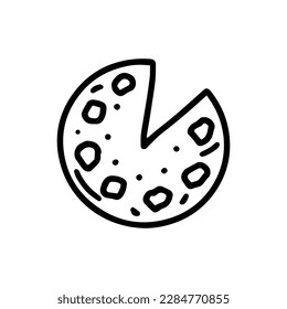 Pie without one piece. Isolated vector image of pastry. Sliced round pie or pizza. An incomplete dish. Open pie with filling. Drawing, icon from black lines.