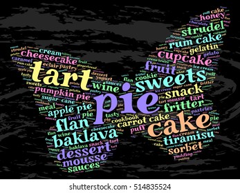 Pie. Word cloud, butterfly, grunge background.  Food concept.