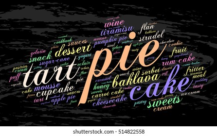 Pie. Word cloud, grunge background. Food concept.