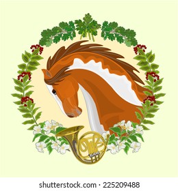 Piebald horse head of stallion leaves and french horn hunting theme vector illustration