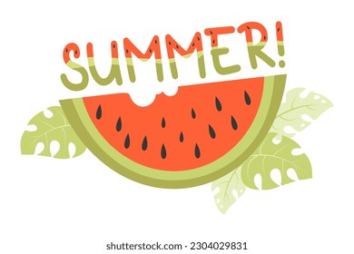 Piece appetizing watermelon and word summer with watermelon pattern. Vector illustration in flat style for design, decor. Conceptual summer card.