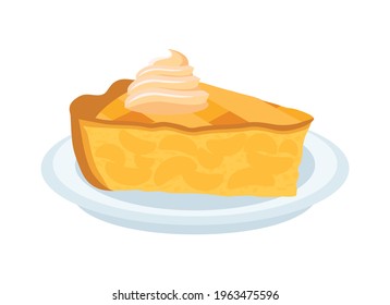 Piece of apple fruit cake with whipped cream vector. Sweet traditional Apple Pie on a plate icon vector. Piece of apple pie clip art isolated on a white background