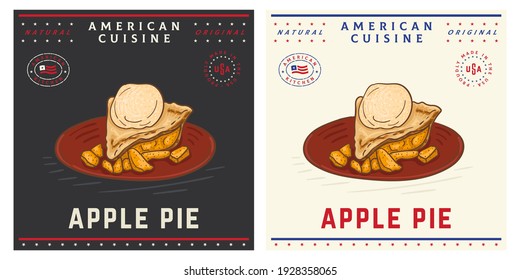 Piece of apple pie with ice cream retro vintage illustration