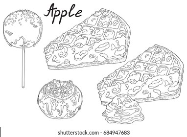 Piece of apple pie with ice cream, baked apple in caramel and coconut shavings on stick and apple in honey with a filling of walnuts, almonds and raisins. Isolated illustration on a white background