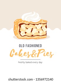 Piece of apple pie with whipped cream. Banner template with sample text. Vector illustration.