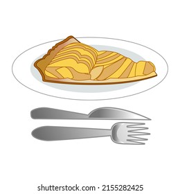 A piece of Apple tart and a knife and a fork with a white background