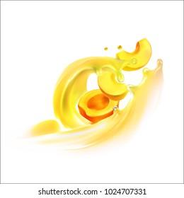 a piece of apricot and a spray of juice 3d realistic illustration of a vector