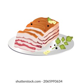 A piece of bacon with a layer of meat on a plate with peppers, garlic slices and grass. Vector image on a white background.