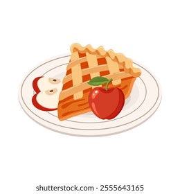 Piece of baked apple pie with apple pieces on a plate. Traditional holiday food, dessert, sweet. Flat illustration