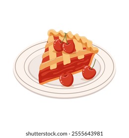 Piece of baked cherry pie on a plate with cherries. Food, dessert, sweet. Flat illustration