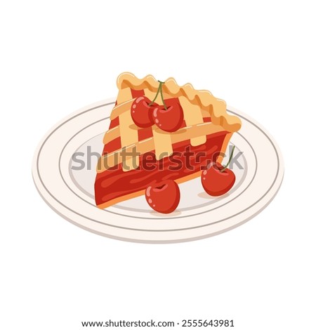 Piece of baked cherry pie on a plate with cherries. Food, dessert, sweet. Flat illustration