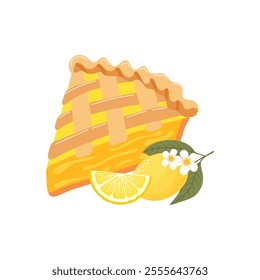 Piece of baked lemon pie with lemon, flowers and lemon slices. Food, dessert, sweet. Flat illustration