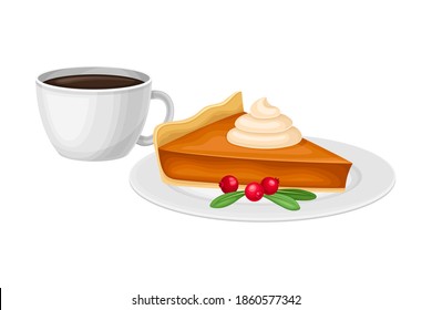 Piece of Baked Pumpkin Pie with Whipped Cream on Top with Cup of Hot Coffee Vector Illustration