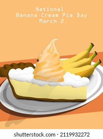 a piece of banana cream pie with ice cream on top and some fresh bananas served on a white plate on a brown table, National Banana Cream Pie Day March 2