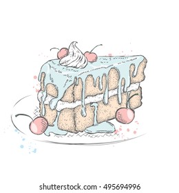 A piece of beautiful cake with cream and cherry. Vector illustration for a card or poster. Menu. Dessert. Drawing for the cover of a notebook or journal.