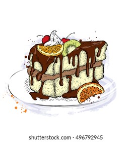 A piece of beautiful cake with cream and with cherry, kiwi and orange.. Vector illustration for a card or poster. Menu. Dessert. Drawing for the cover of a notebook or journal.