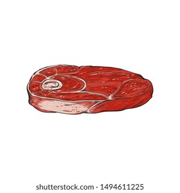 A piece of beef steak from a cow. Raw beef steak with bone, isolated flat illustration.