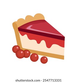 Piece of berry cake with cheese filling, decorated with red topping and berries. Cheesecake. Cake for birthday and other holidays. Isolated on white background.