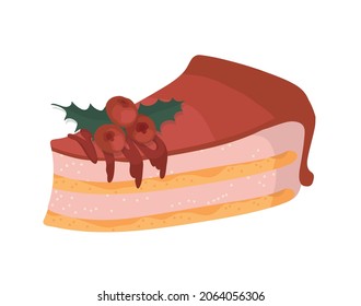 Un trozo de tarta de baya con glaseado rojo. Fiesta, Navidad, Año Nuevo. Elemento vectorial colorido sobre un fondo blanco. 