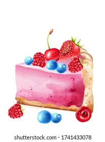 Piece of berry cheesecake with blueberry, strawberry, raspberry and cherry topping. Vector