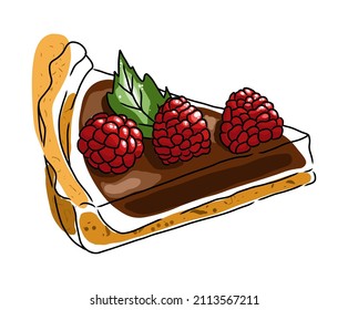 A piece of berry tart with raspberries. Fruit cake. Culinary poster. Print for printing on postcards and fabric. Illustration for the menu. Cartoon