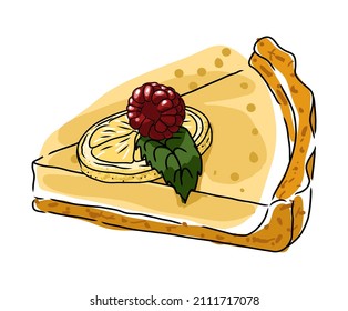 A piece of berry tart with raspberries and lemons. Fruit cake. Culinary poster. Print for printing on postcards and fabric. Illustration for the menu. Cartoon