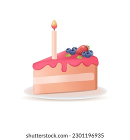 Stück Geburtstagskuchen 3D Vektorgrafik. Festliches Essen mit Kerze und Beeren zum Überraschungsgeburtstag im Cartoon-Stil einzeln auf weißem Hintergrund. Jubiläum, Urlaub, Glückskonzept