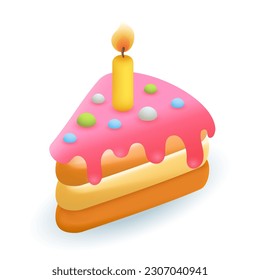 Pieza de ilustración vectorial 3d del pastel de cumpleaños. El postre acristalado festivo con velas ardientes al estilo de las caricaturas aisladas de fondo blanco. Aniversario, vacaciones, concepto de felicidad