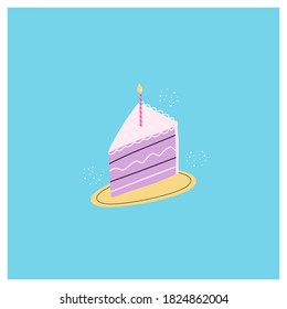 A piece of birthday cake with burning candle on the plate. Vector illustration hand drawn flat cartoon style. 