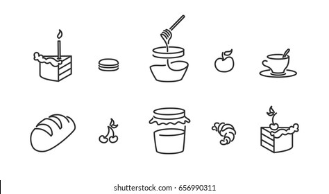 Piece Of Birthday Cake, Candle, Piece Of Cherry Pie, Macaroon Marshmallow, Honey Jar, Jam, Baguette Bread, Cup Of Tea Croissant Minimalistic Flat Line Stroke Icon Pictogram Illustration Set Collection