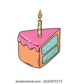 Piece of birthday cake with a candle hand drawn doodle, cartoon for cards, posters, stickers, banners, invitations, etc. EPS 10