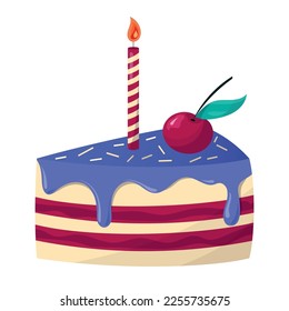 A piece of birthday cake with a candle, icing and sprinkling. Cherry berry cake slice, vector isolated food illustration for design, cartoon flat style