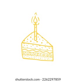 Piece of birthday cake with a candle. Vector sketch hand drawn.